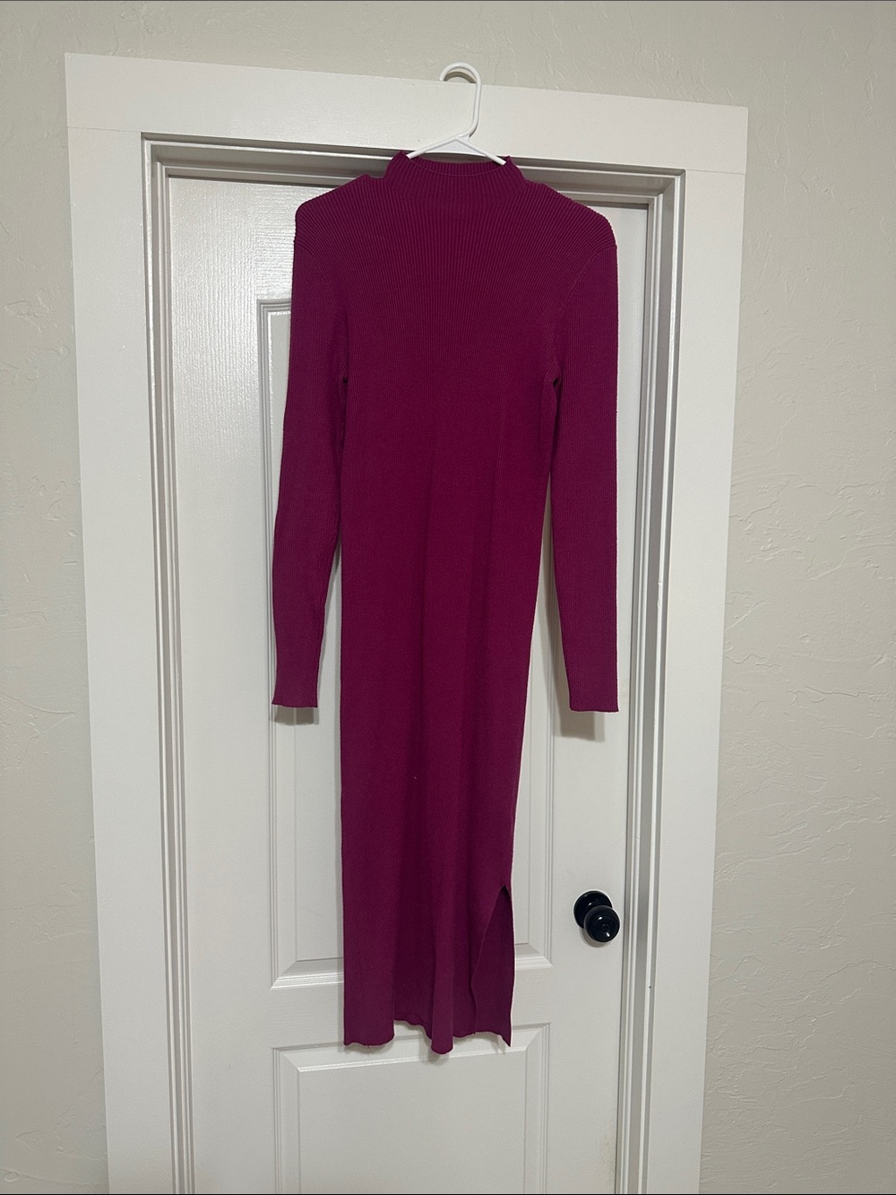 Ribbed Long Sleeve Midi Dress in Berry